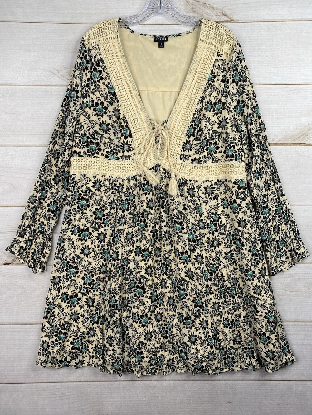 Torrid Dress Women 2X Cream Blue Floral Crochet Midi Lined Lace Up Tassels L/S
